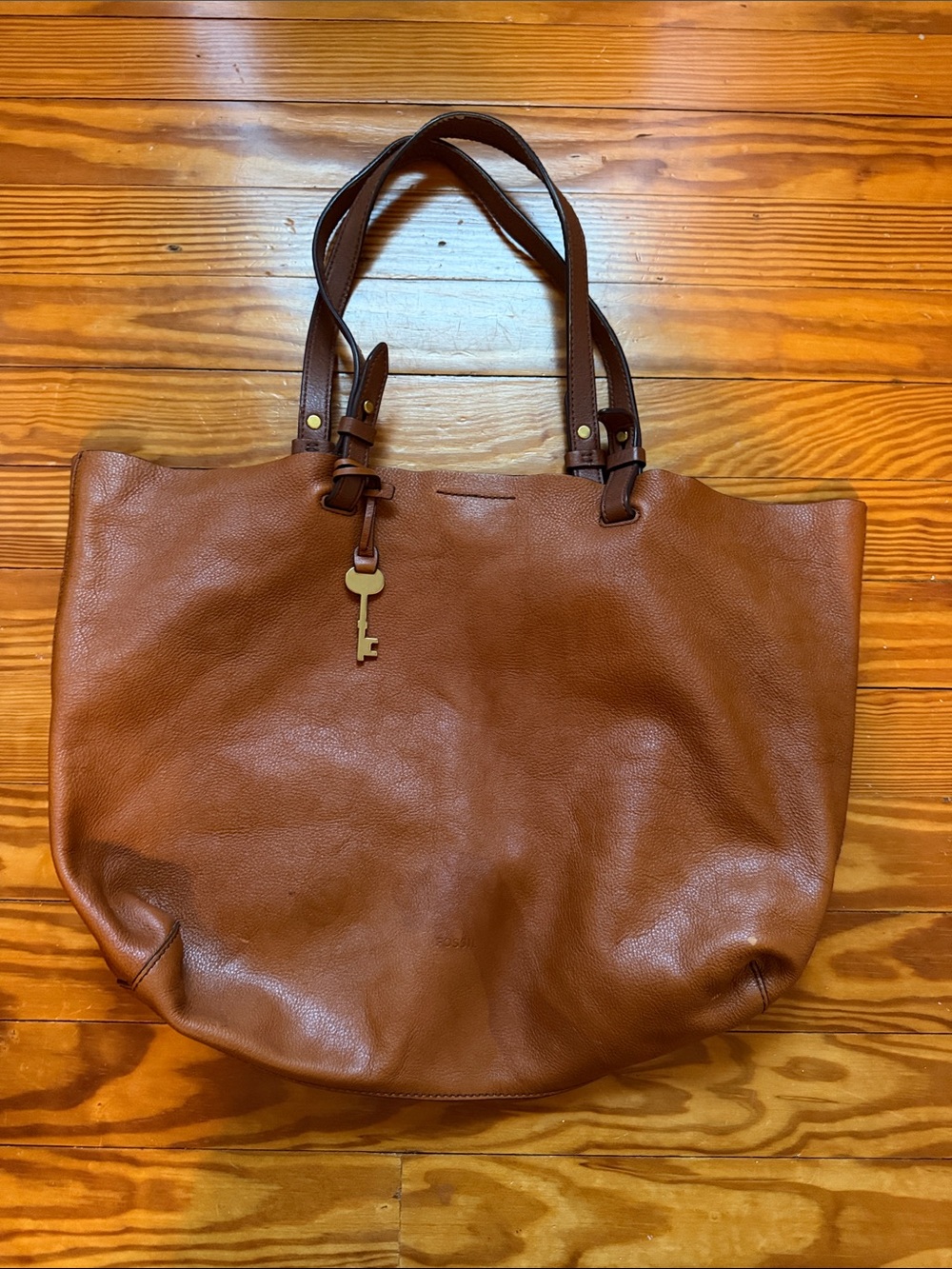 Fossil Classic Brown Leather Tote Bag with Key Charm